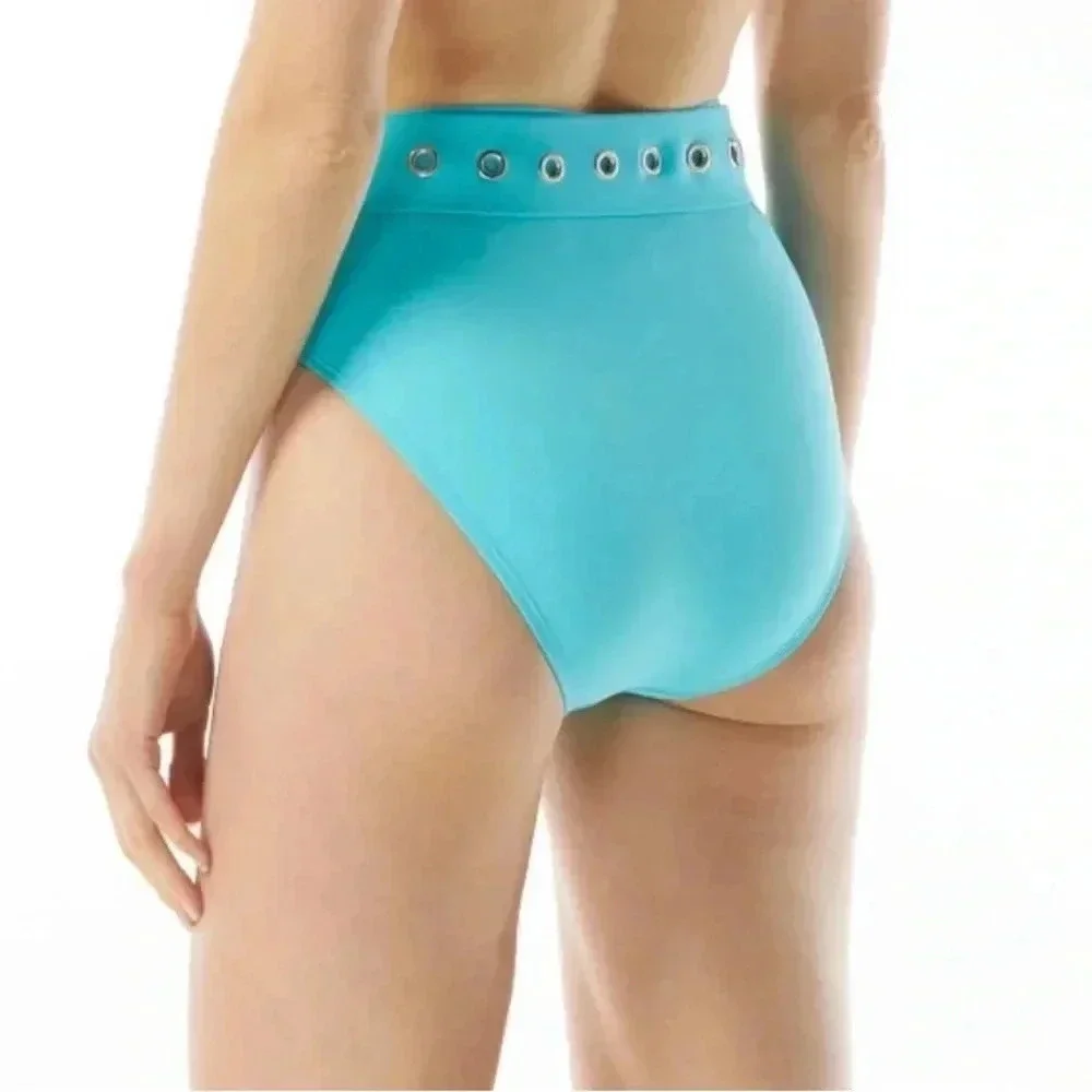 MICHAEL KORS Zip Front Bandeau Kyoto Stripe Turquoise Top and High Waist Bottom